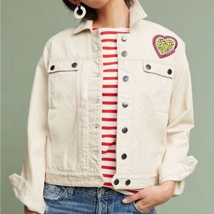 Maison Labiche Embroidered Heart White Denim Jean Jacket Anthropologie‎